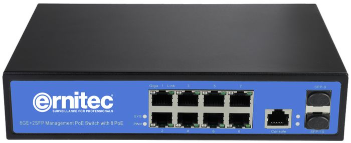 Ernitec Managed Layer 2, 8 Gigabit RJ45 ports, 2 Gigabit SFP ports.