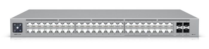 Ubiquiti 100W, 32 x GbE RJ45, 16 x 1/2.5 GbE RJ45, 4 x 10G SFP+, 224 Gbps, 1.3" LCM touchscreen, SGCC steel, 442.4 x 325 x 43.7 mm (17.4 x 12.8 x 1.7")